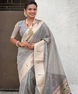 Grey woven self design organza paithani saree with blouse 2