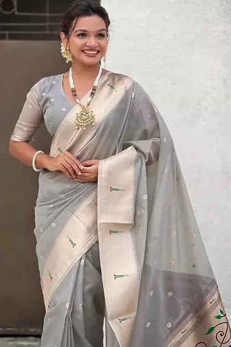 Grey woven self design organza paithani saree with blouse