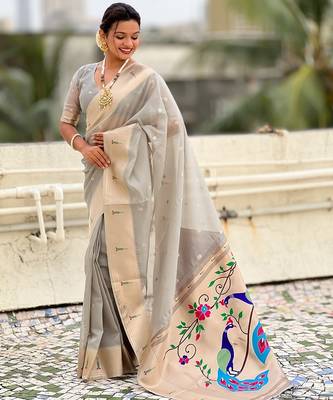 Grey woven self design organza paithani saree with blouse 3