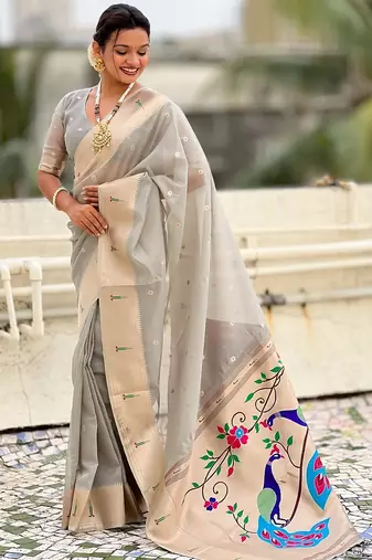 Grey woven self design organza paithani saree with blouse