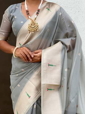 Grey woven self design organza paithani saree with blouse 4