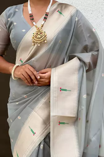 Grey woven self design organza paithani saree with blouse