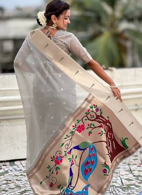 Grey woven self design organza paithani saree with blouse 5