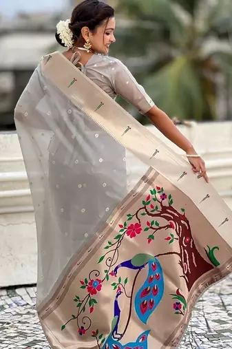 Grey woven self design organza paithani saree with blouse