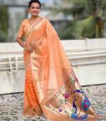 Orange woven self design organza paithani saree with blouse