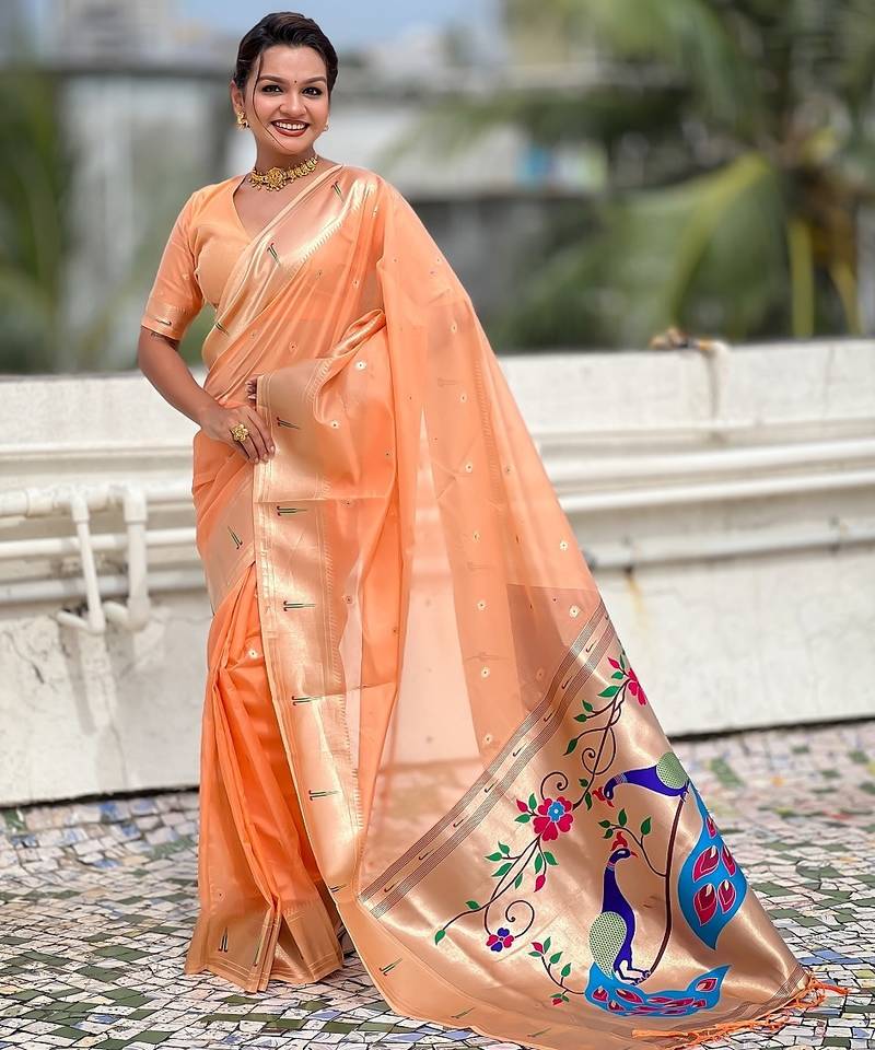Orange woven self design organza paithani saree with blouse