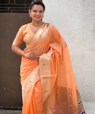 Orange woven self design organza paithani saree with blouse 2