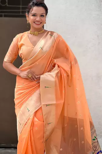 Orange woven self design organza paithani saree with blouse