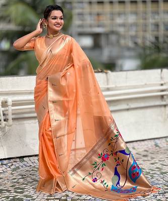 Orange woven self design organza paithani saree with blouse 3