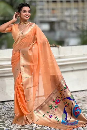 Orange woven self design organza paithani saree with blouse