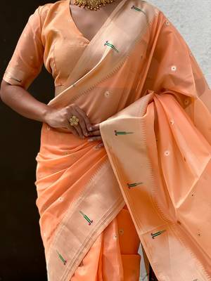 Orange woven self design organza paithani saree with blouse 4