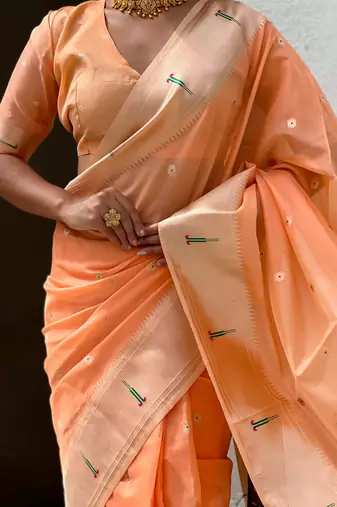 Orange woven self design organza paithani saree with blouse
