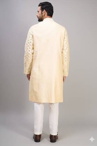 men’s cream silk kurta set with pink floral embroidery
