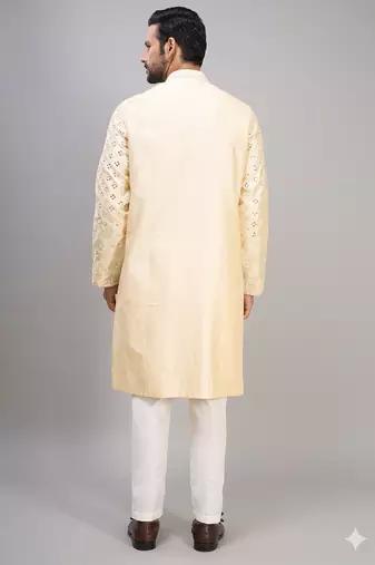 men’s cream silk kurta set with pink floral embroidery