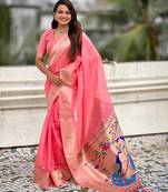 Pink woven self design organza paithani saree with blouse