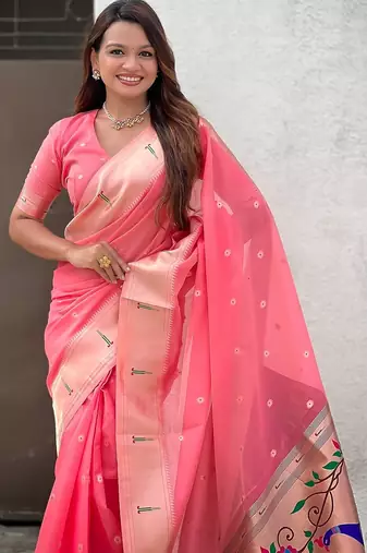 Pink woven self design organza paithani saree with blouse