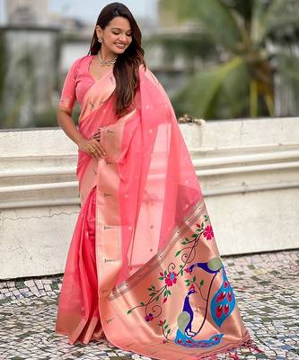 Pink woven self design organza paithani saree with blouse 3