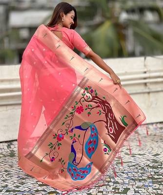 Pink woven self design organza paithani saree with blouse 5