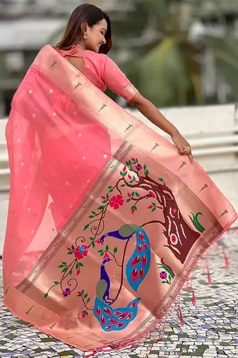 Pink woven self design organza paithani saree with blouse