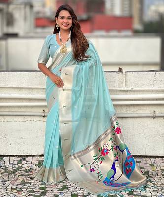 Sky blue woven self design organza paithani saree with blouse 1