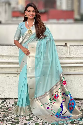 Sky blue woven self design organza paithani saree with blouse