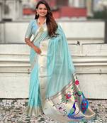 Sky blue woven self design organza paithani saree with blouse