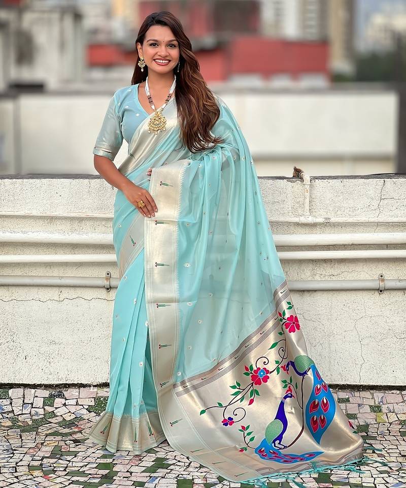 Sky blue woven self design organza paithani saree with blouse