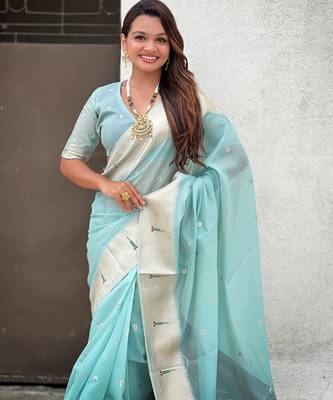 Sky blue woven self design organza paithani saree with blouse 2