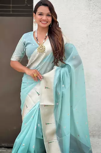Sky blue woven self design organza paithani saree with blouse