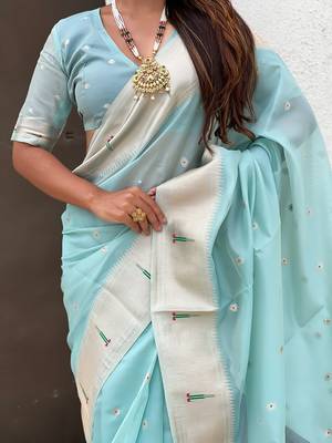Sky blue woven self design organza paithani saree with blouse 4