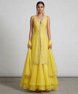 Yellow embroidered organza Lehenga set 1