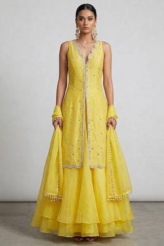 Yellow embroidered organza sharara set