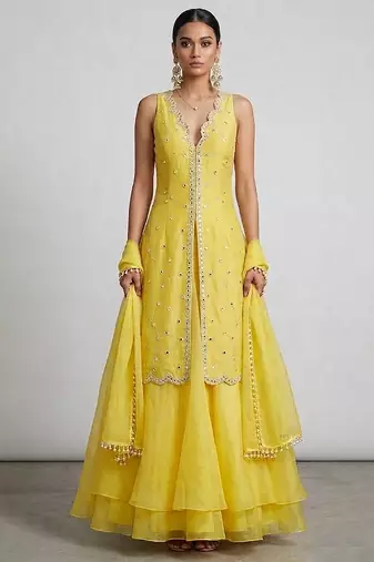 Yellow embroidered organza sharara set