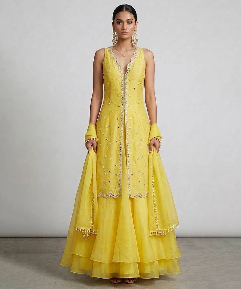 Yellow embroidered organza sharara set