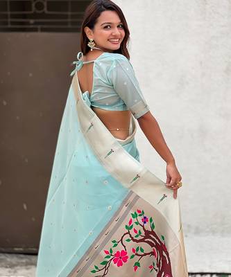 Sky blue woven self design organza paithani saree with blouse 5