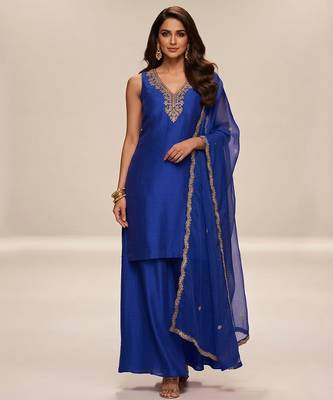 Blue embroidered modal silk kurta set 1