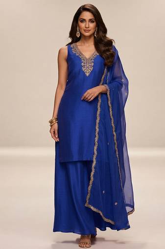 Blue embroidered modal silk kurta set