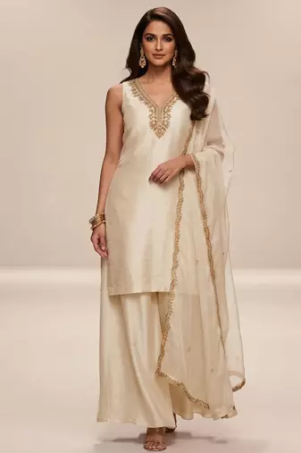 Ivory embroidered modal silk kurta set