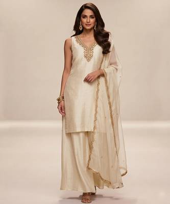 Ivory embroidered modal silk kurta set 1