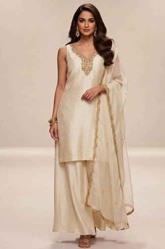 Ivory embroidered modal silk kurta set