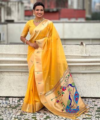 Yellow woven self design organza paithani saree with blouse 1