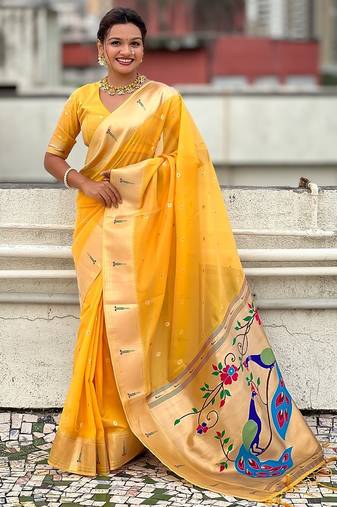 Yellow woven self design organza paithani saree with blouse