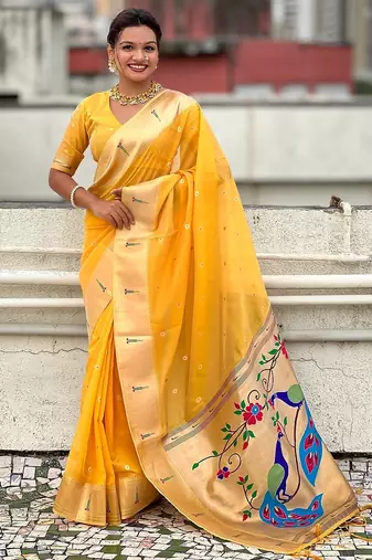 Yellow woven self design organza paithani saree with blouse