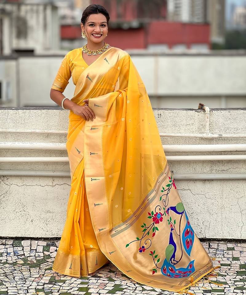 Yellow woven self design organza paithani saree with blouse