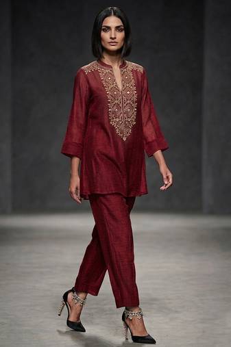 Maroon embroidered chanderi silk co ord set