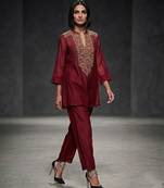 Maroon embroidered chanderi silk co ord set