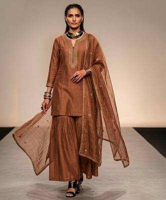 Brown embroidered raw silk sharara set 1
