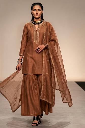 Brown embroidered raw silk sharara set