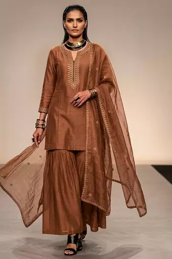 Brown embroidered raw silk sharara set