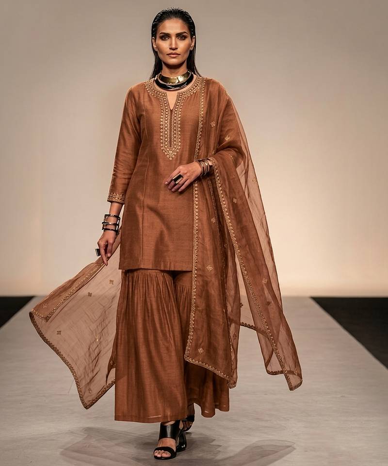 Brown embroidered raw silk sharara set